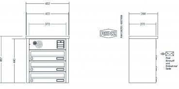 RENZ Briefkastenanlage Aufputz, Tetro, Kastenformat 370x110x270mm, mit Klingel - & Lichttaster und Vorbereitung Gegensprechanlage, 3-teilig